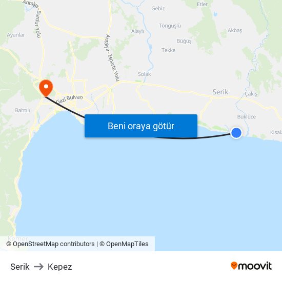 Serik to Kepez map