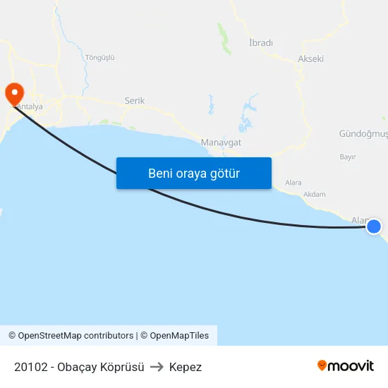 20102 - Obaçay Köprüsü to Kepez map