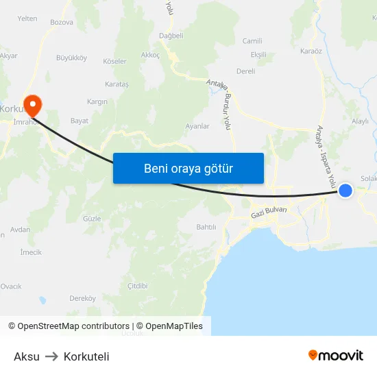 Aksu to Korkuteli map