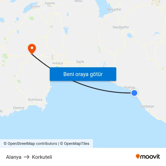 Alanya to Korkuteli map