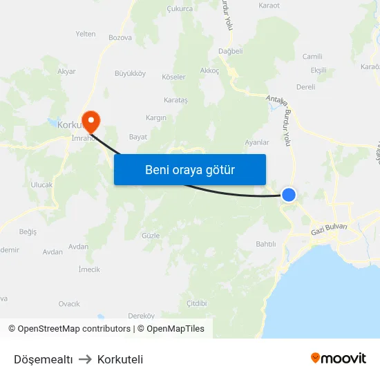 Döşemealtı to Korkuteli map