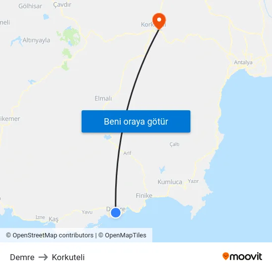 Demre to Korkuteli map