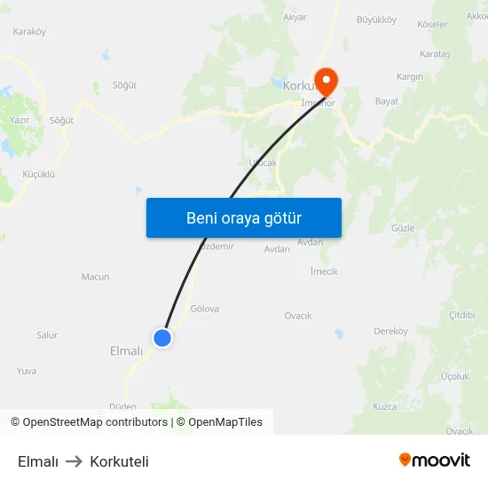 Elmalı to Korkuteli map