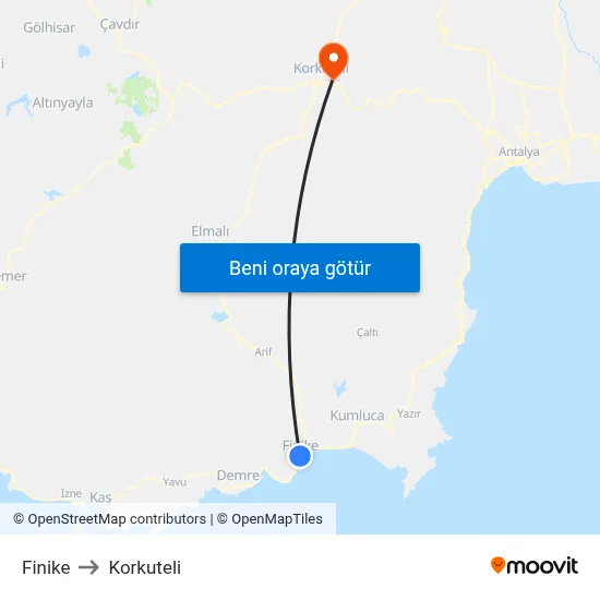 Finike to Korkuteli map