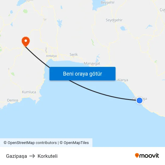 Gazipaşa to Korkuteli map