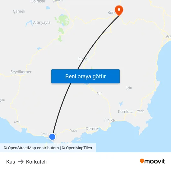 Kaş to Korkuteli map