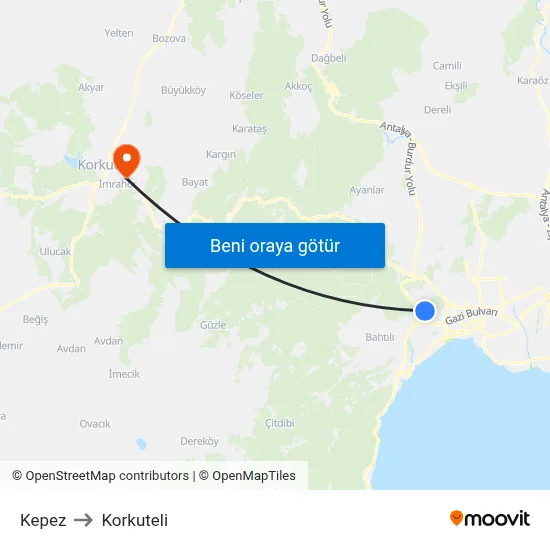 Kepez to Korkuteli map