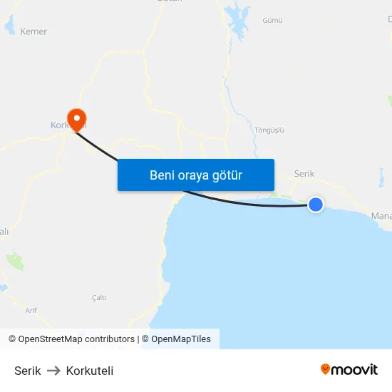 Serik to Korkuteli map