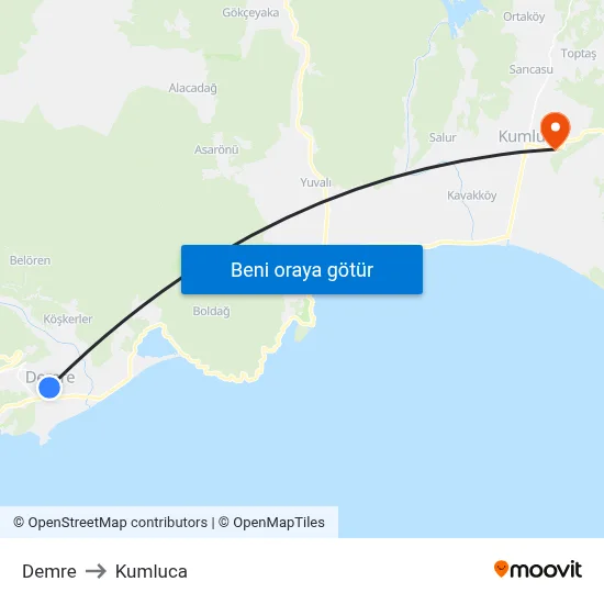 Demre to Kumluca map