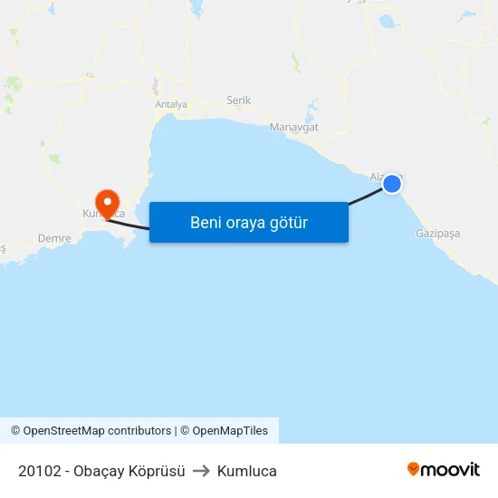 20102 - Obaçay Köprüsü to Kumluca map