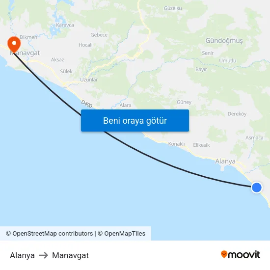 Alanya to Manavgat map