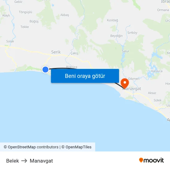 Belek to Manavgat map