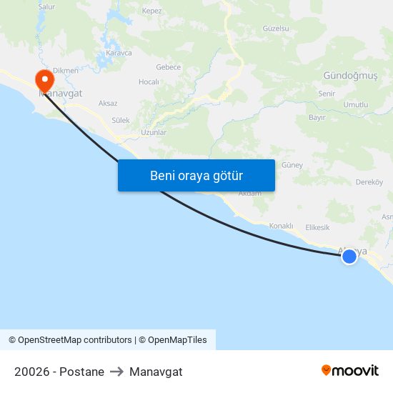 20026 - Postane to Manavgat map