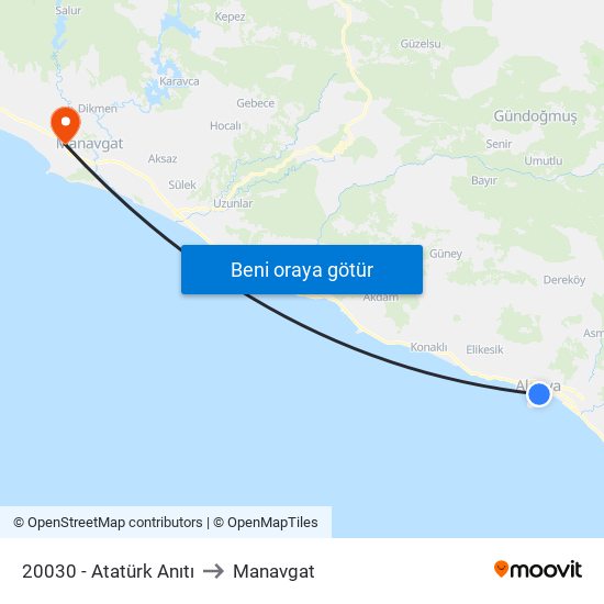 20030 - Atatürk Anıtı to Manavgat map