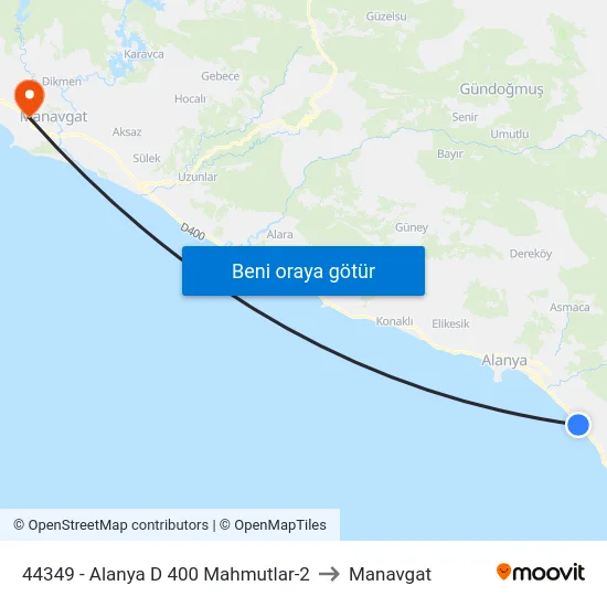 44349 - Alanya D 400 Mahmutlar-2 to Manavgat map