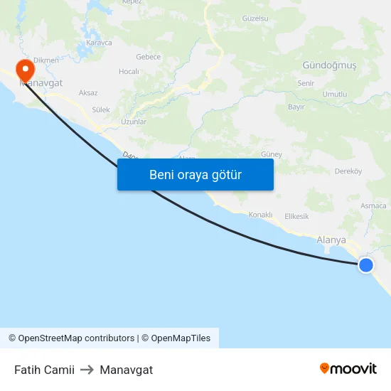Fatih Camii to Manavgat map
