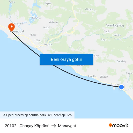 20102 - Obaçay Köprüsü to Manavgat map