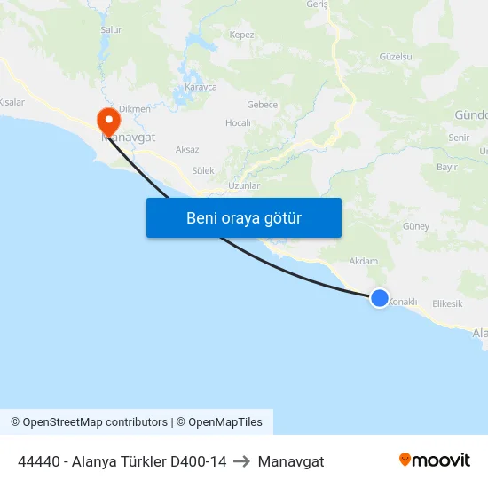 44440 - Alanya Türkler D400-14 to Manavgat map