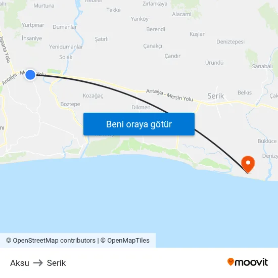 Aksu to Serik map
