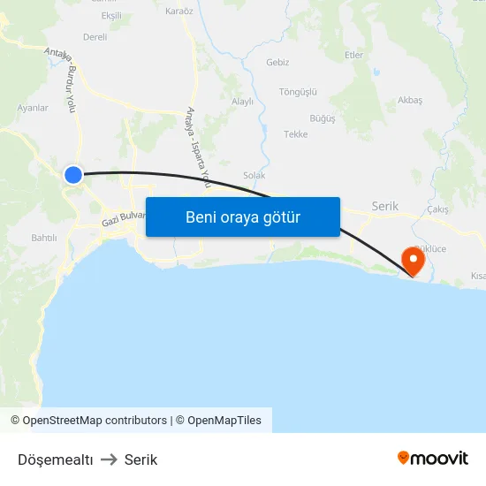 Döşemealtı to Serik map