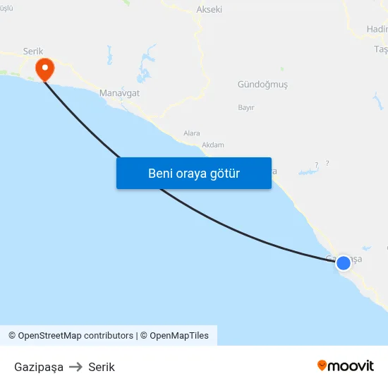 Gazipaşa to Serik map