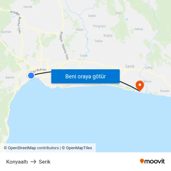 Konyaaltı to Serik map