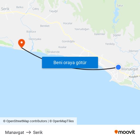 Manavgat to Serik map