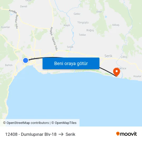 12408 - Dumlupınar Blv-18 to Serik map