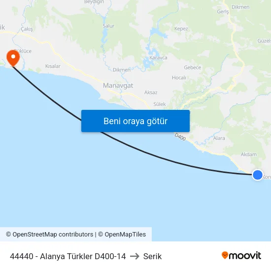 44440 - Alanya Türkler D400-14 to Serik map