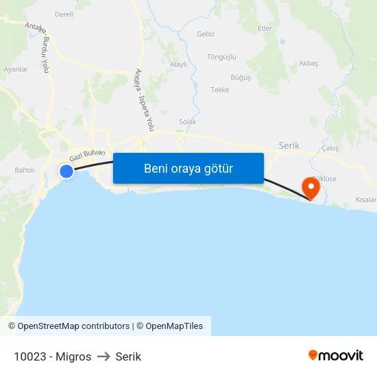 10023 - Migros to Serik map
