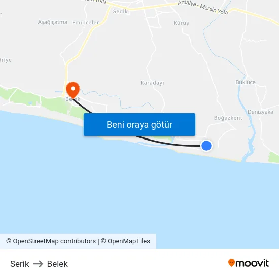 Serik to Belek map