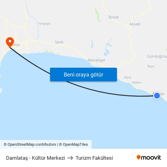 Damlataş - Kültür Merkezi to Turizm Fakültesi map