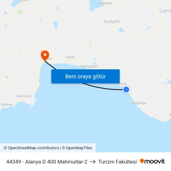 44349 - Alanya D 400 Mahmutlar-2 to Turizm Fakültesi map