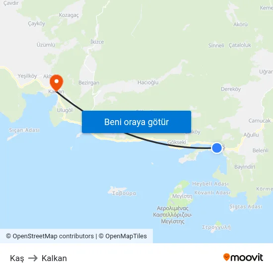 Kaş to Kalkan map