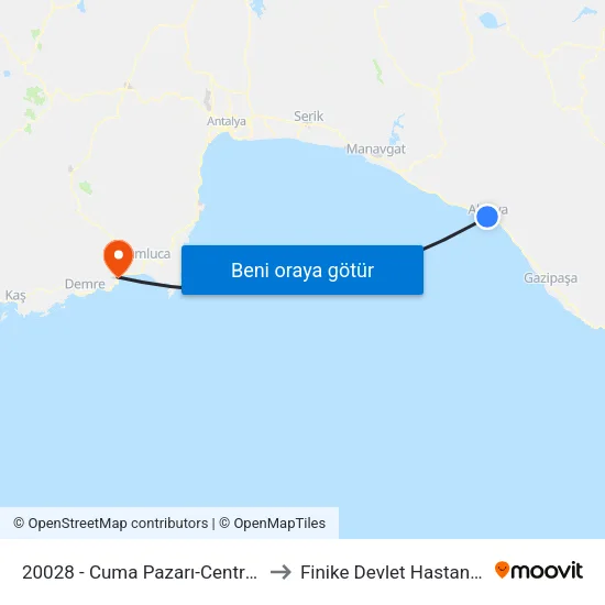 20028 - Cuma Pazarı-Centrum to Finike Devlet Hastanesi map
