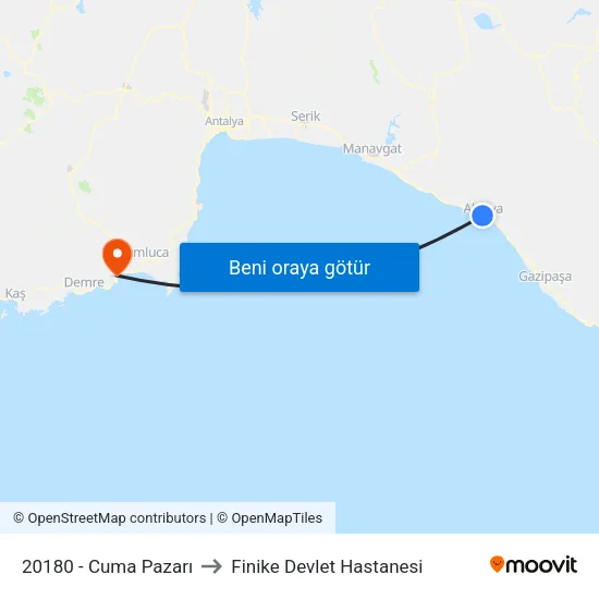 20180 - Cuma Pazarı to Finike Devlet Hastanesi map