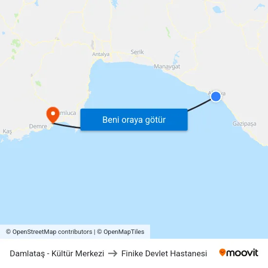 Damlataş - Kültür Merkezi to Finike Devlet Hastanesi map
