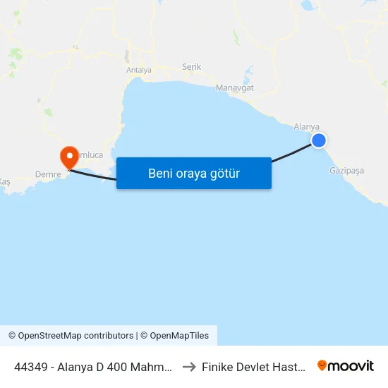 44349 - Alanya D 400 Mahmutlar-2 to Finike Devlet Hastanesi map