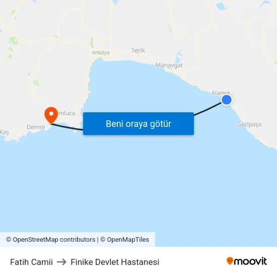 Fatih Camii to Finike Devlet Hastanesi map