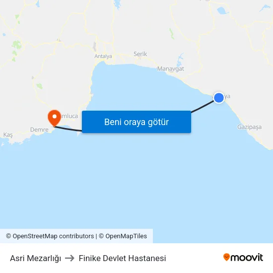 Asri Mezarlığı to Finike Devlet Hastanesi map