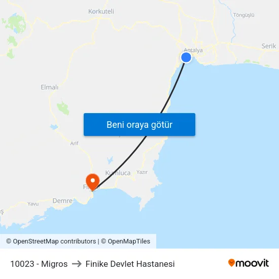 10023 - Migros to Finike Devlet Hastanesi map