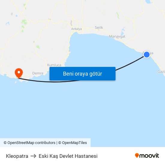 Kleopatra to Eski Kaş Devlet Hastanesi map