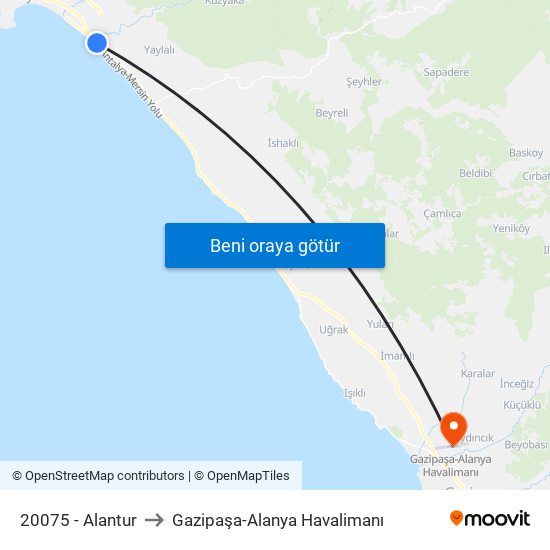 20075 - Alantur to Gazipaşa-Alanya Havalimanı map