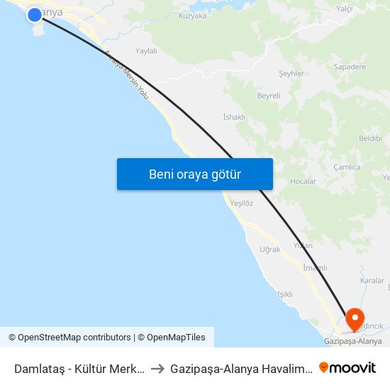 Damlataş - Kültür Merkezi to Gazipaşa-Alanya Havalimanı map