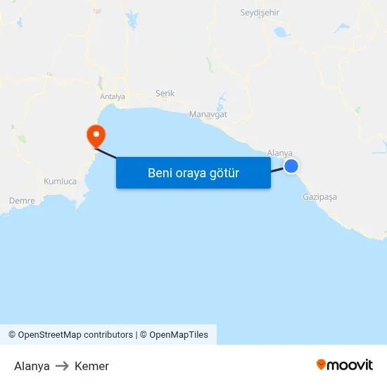 Alanya to Kemer map