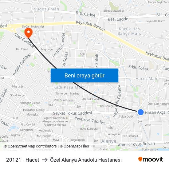 20121 - Hacet to Özel Alanya Anadolu Hastanesi map