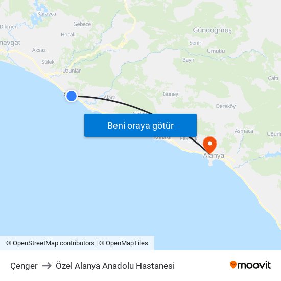 Çenger to Özel Alanya Anadolu Hastanesi map