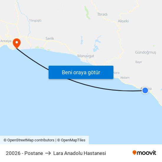 20026 - Postane to Lara Anadolu Hastanesi map