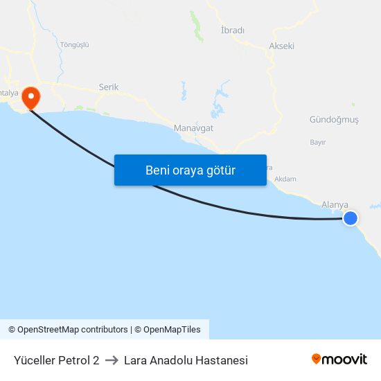 Yüceller Petrol 2 to Lara Anadolu Hastanesi map