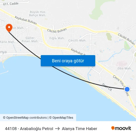 44108 - Arabalioğlu Petrol to Alanya Time Haber map